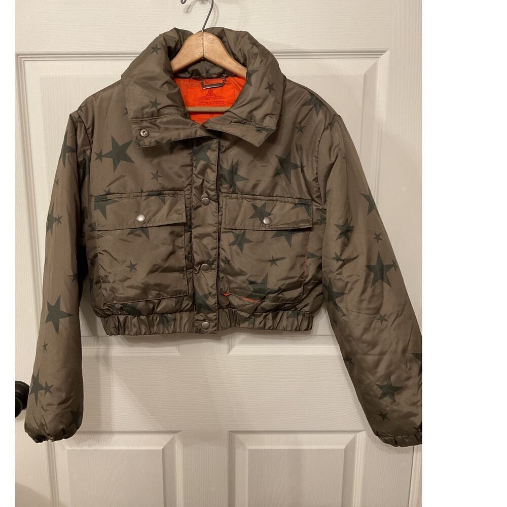 Joujou Cropped Olive Green Stars Orange Lining Puffer Coat Jacket, M